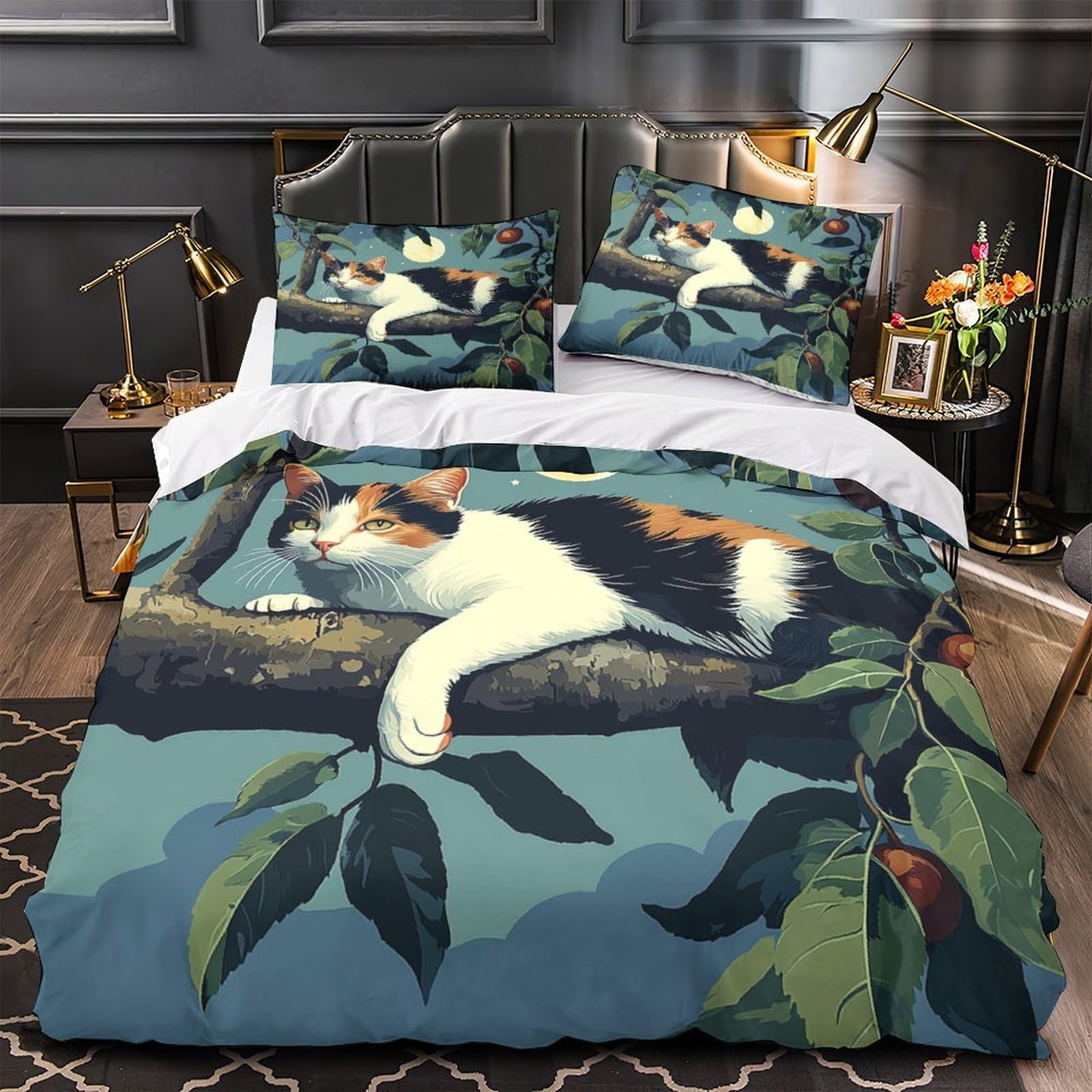 Drap de couette chat calico 3D lavable en machine pour lit simple ado et adulte