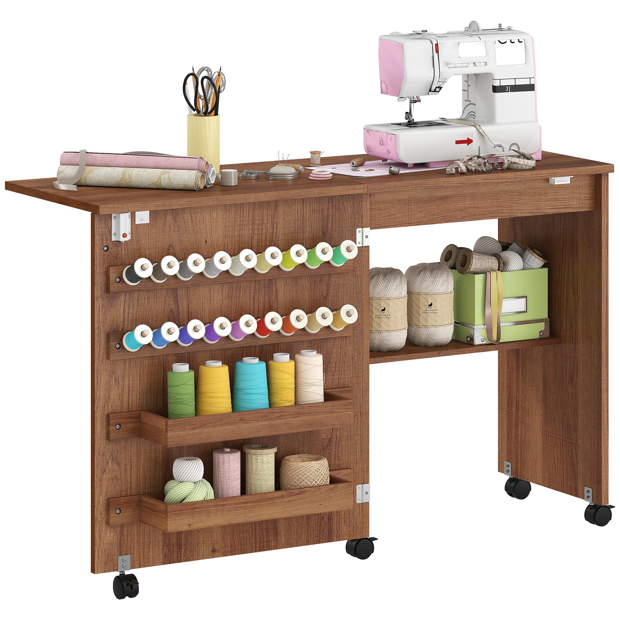 HOMCOM Folding Sewing Table Rolling Craft Table for Small Spaces Brown