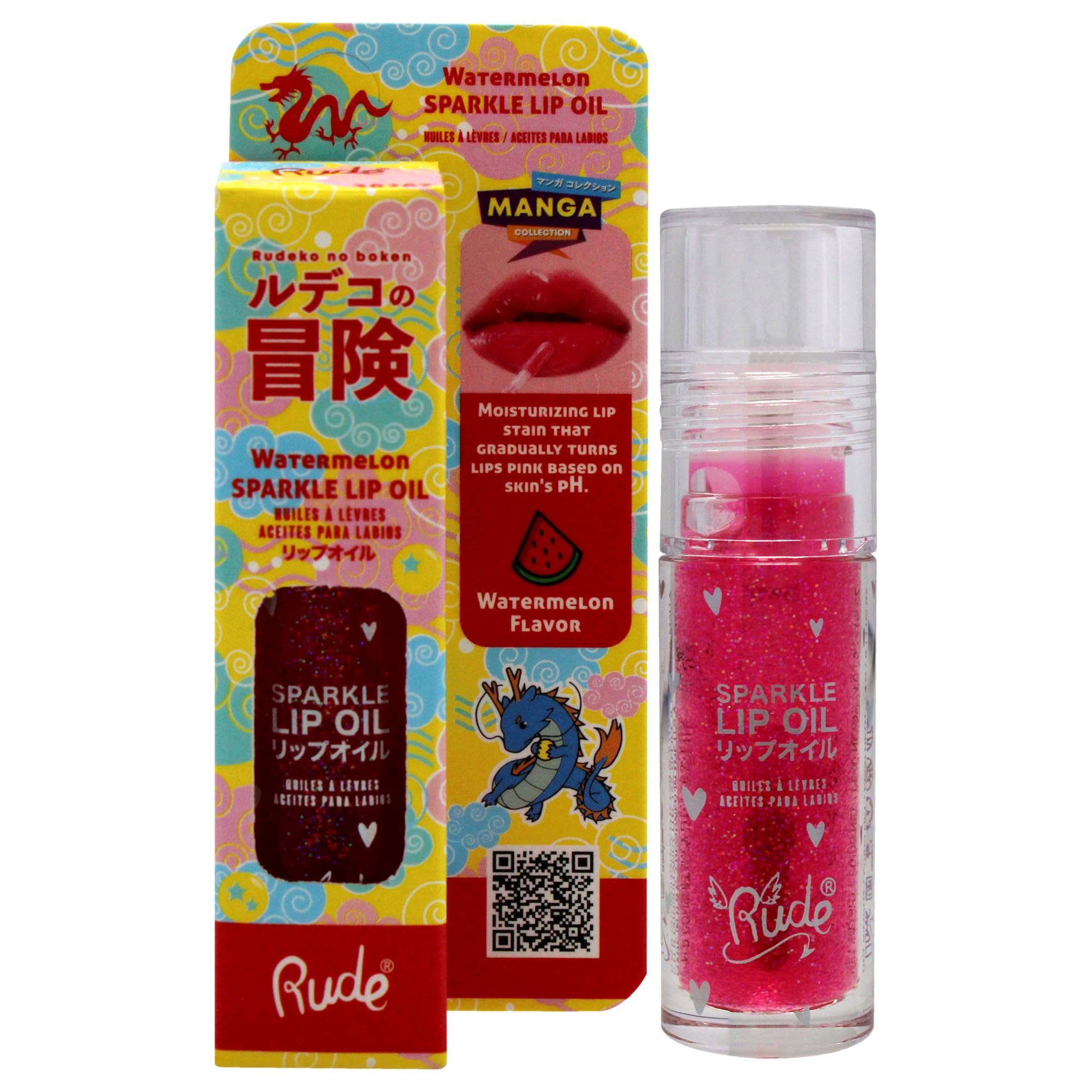 RUDE Manga Collection Manga Sparkle Lip Oil in Watermelon: gloss idratante per le tue labbra, con un tocco rinfrescante e fruttato che le lascia morbide e brillanti.