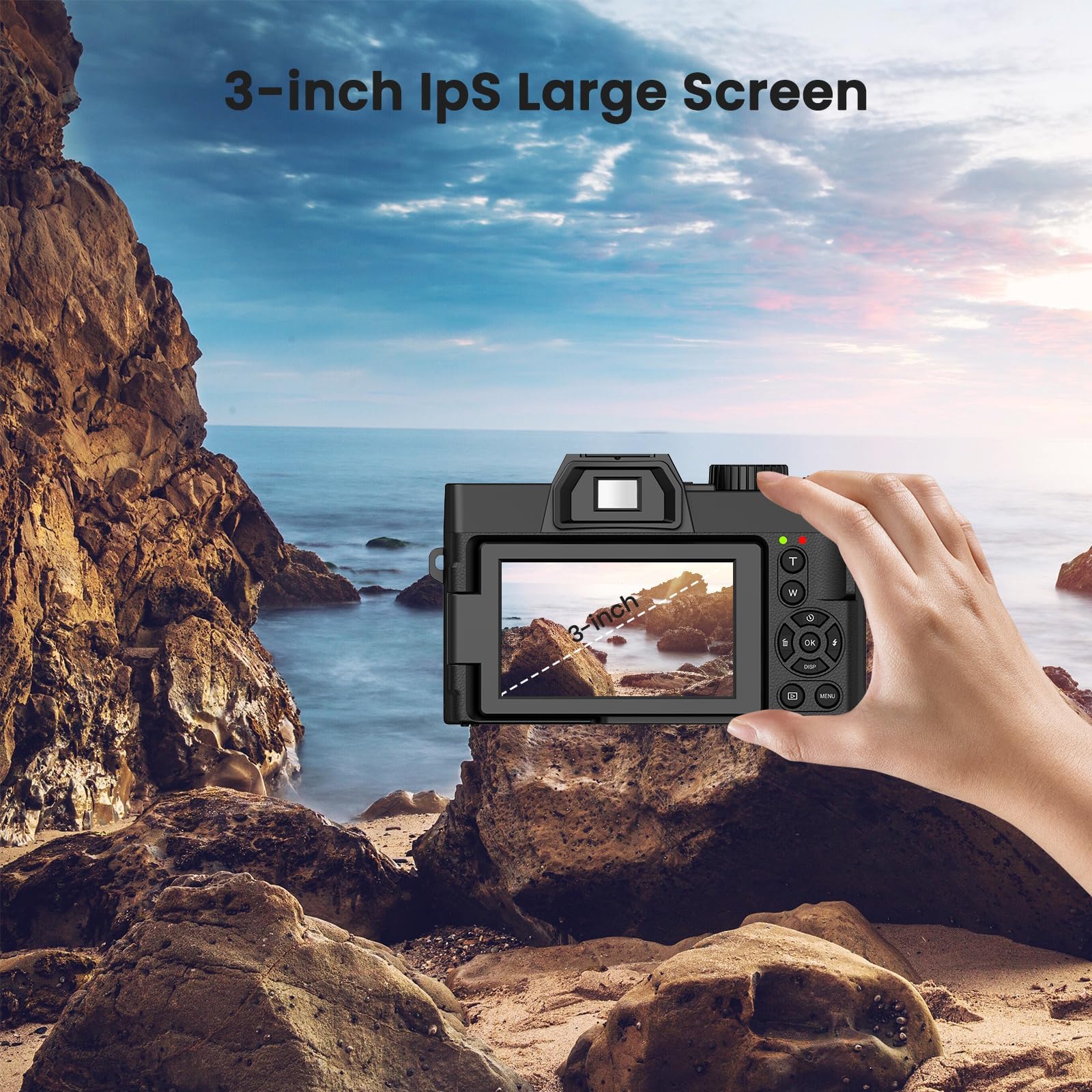 Cámara digital para fotografía, cámara fotografica video enfoque automático de 48 MP con WiFi Auto-Focus Vlog cámara para YouTube con pantalla abatible zoom 16X con lector de tarjetas micro SD de 32
