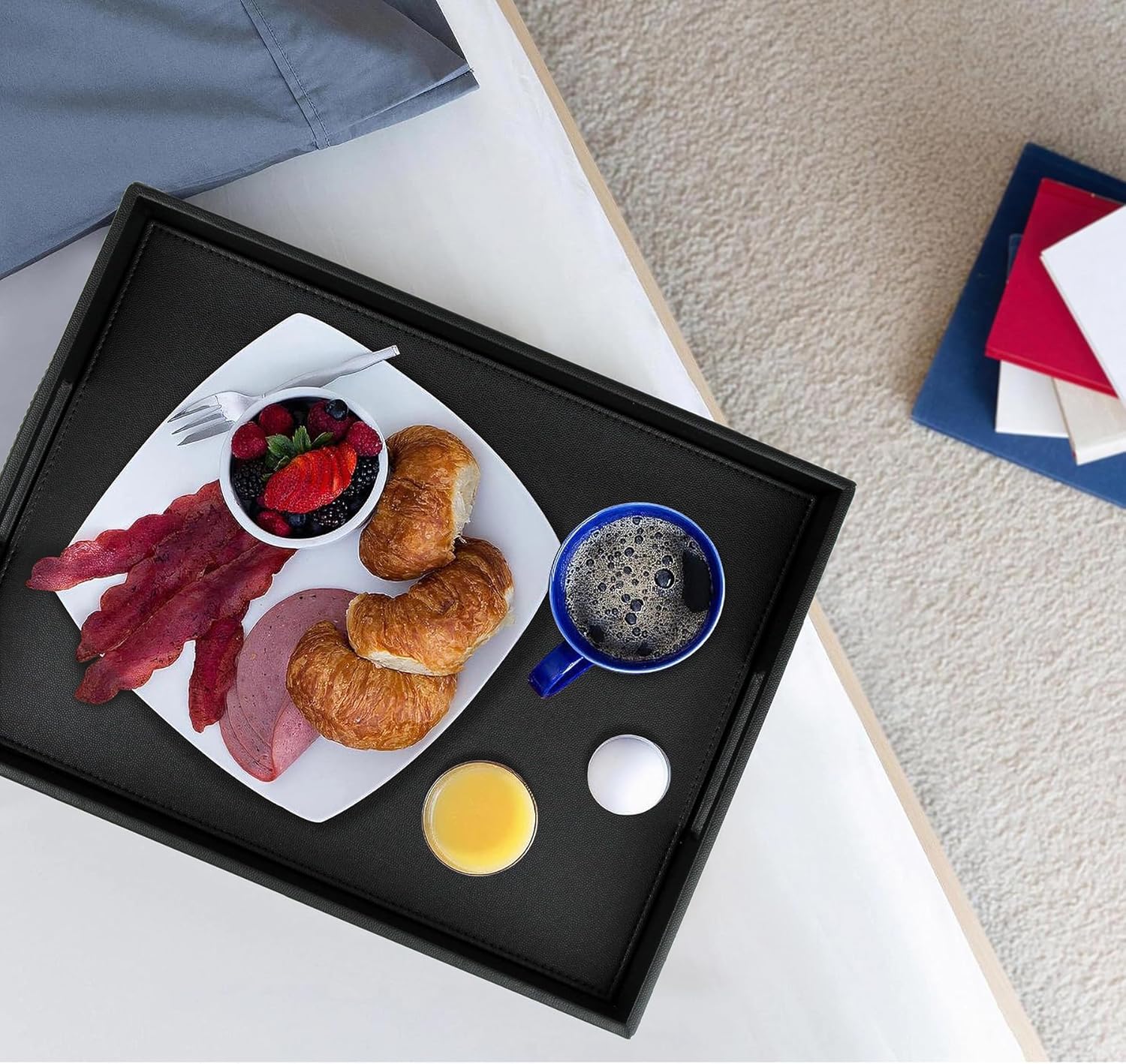 HofferRuffer Rectangle Serving Tray with Hole Handles for Coffee Table, Breakfast, Tea, Food, Butler - Countertop, Kitchen, Vanity Serve Tray, 16.2 x 12.2 x 2 inches, Faux Leather Tray (Black) - Image 6