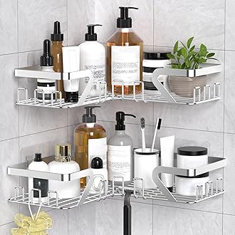Kegii Shower Caddy Corner with Soap Holder, 2 Pack Stainless Steel Shampoo Organizer, No Drilling Adhesive Corner Shower Shelf Bathroom Organizer for Bathroom, Silver