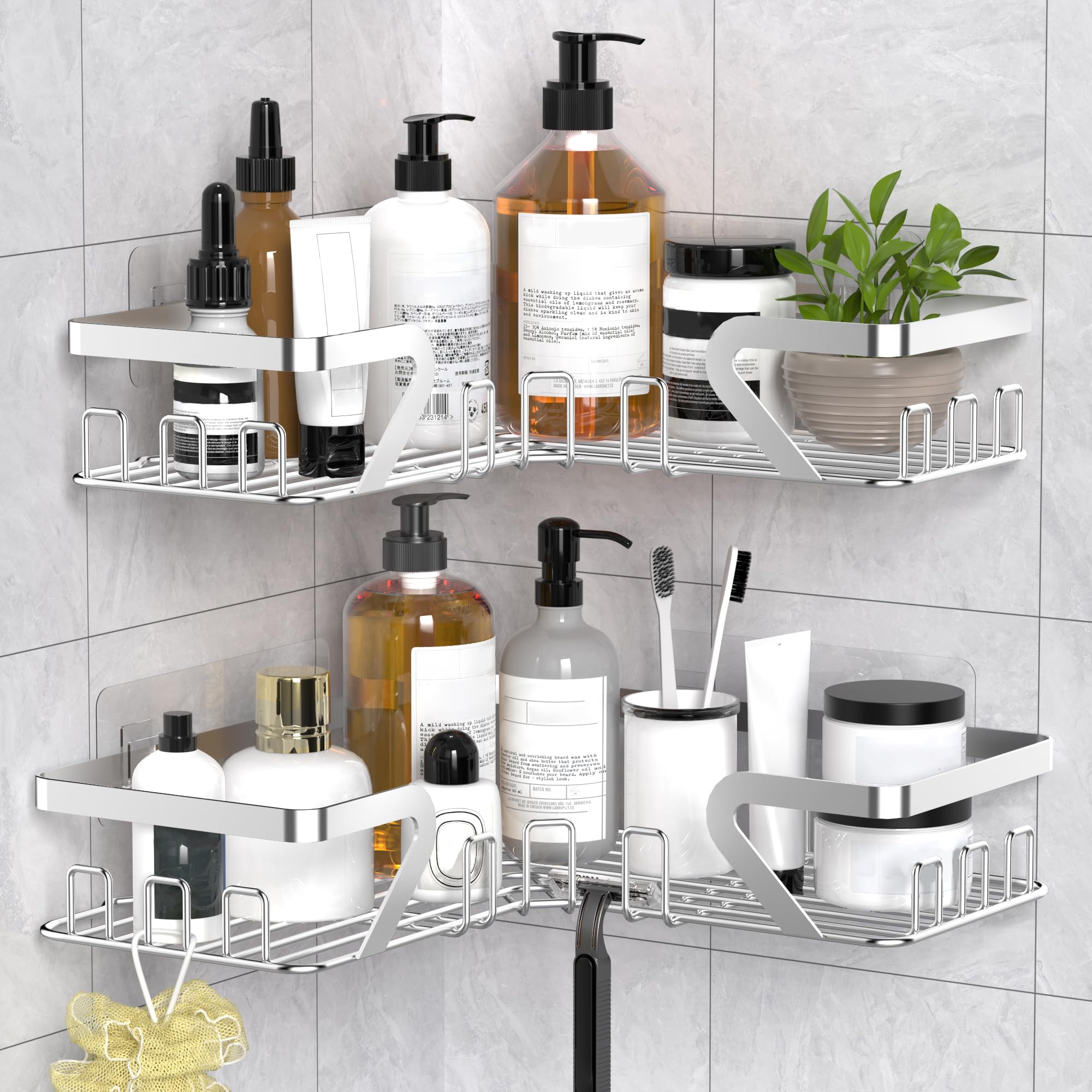 Kegii Shower Caddy Corner with Soap Holder, 2 Pack Stainless Steel Shampoo Organizer, No Drilling Adhesive Corner Shower Shelf Bathroom Organizer for Bathroom, Silver