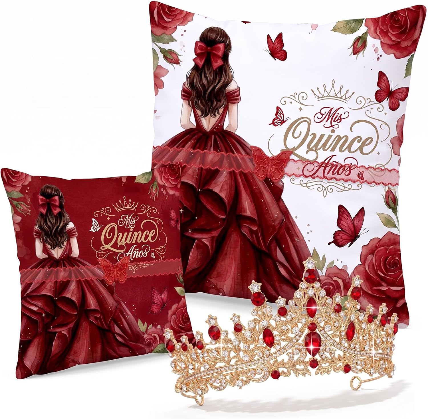 Sintuff 3 Pcs Años De Quinceañera Pillow Set,Red | Crown Kneeling Pillow Butterfly Decor, for 15th Birthday Ceremony Spanish Bible Sweet Mis Xv Photo Props, Polyester