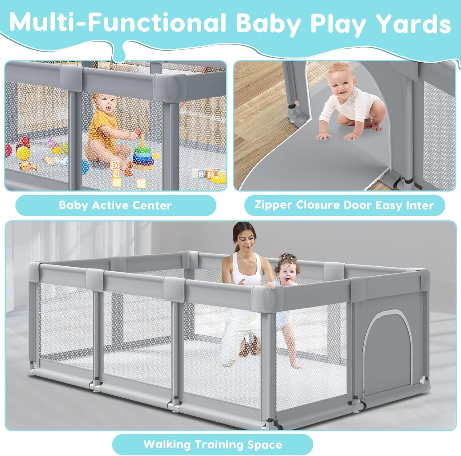74 ×50 Large Baby Playpen, Baby Playard for Babies and Toddlers, Baby Fence Play Pens for Indoor  Outdoor, Sturdy Safety Play Yard with Soft Breathable Mesh, Anti-Fall, Grey