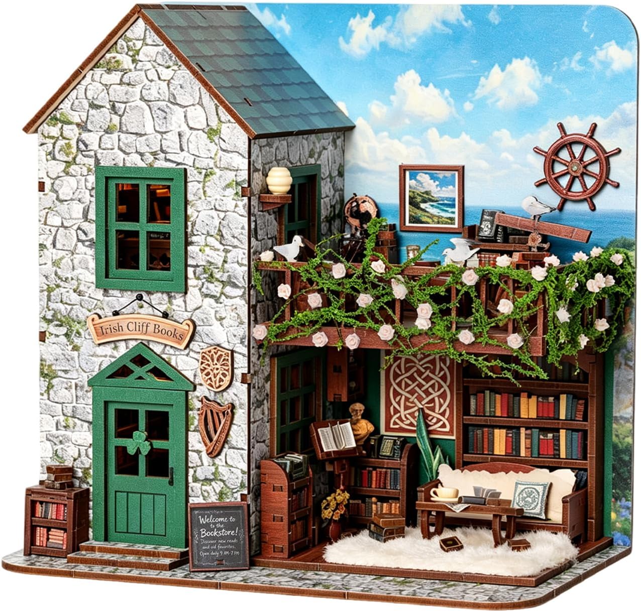 DIY Miniature House Kit –3D Wooden Puzzle Library,Irish Cliff Books