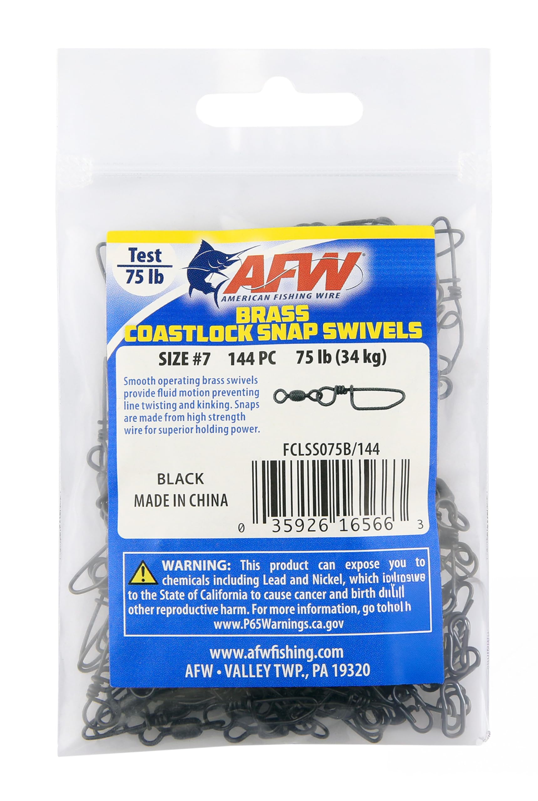 AFW Brass Coastlock Snap Swivels, Size #7, 75 lb Test, Black, 144 pc