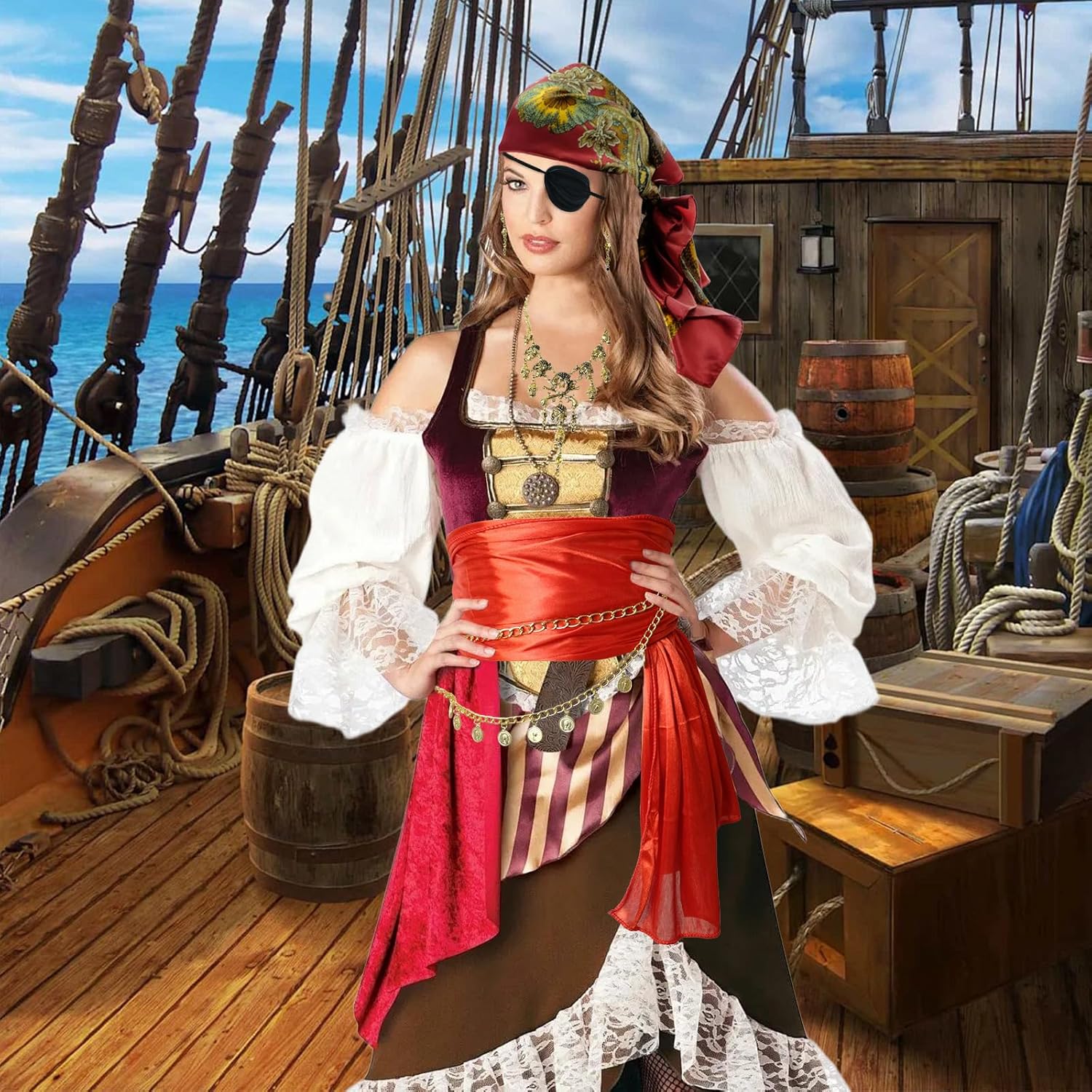 Womens Pirate Costume Accessories Set Head Scarf Sash Chain Belt Necklace Eye Patch for Adult - Image 5