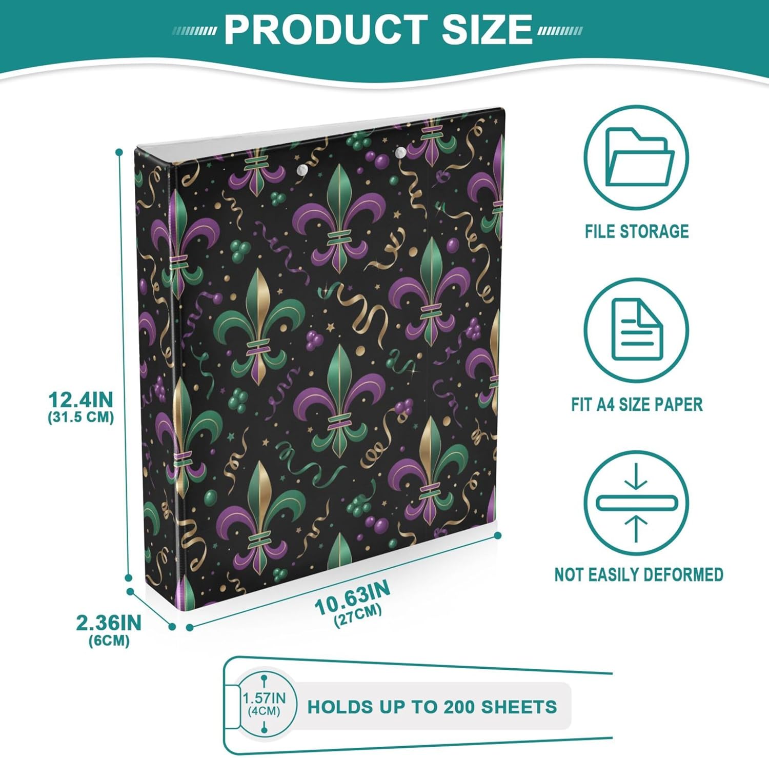 Mardi Gras 3 Ring Binders, 1.5” Round Ring Binders with Clipboard - Letter Size, 3 Interior PVC Clear Pockets & Anti-Slip Clip for Office School Supplies, 2PCS