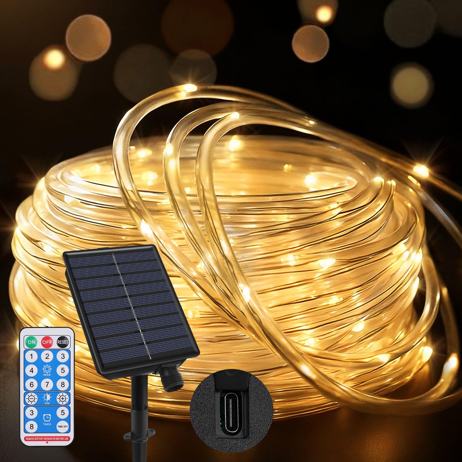 Joollurm Outdoor Rope Lights 98.4ft/30m 300 LEDs, Dual Solar & Type-C Charging, 8 Lighting Modes with Remote Timer, Waterproof String Lights for Garden Yard Party Christmas Decoration- Warm White