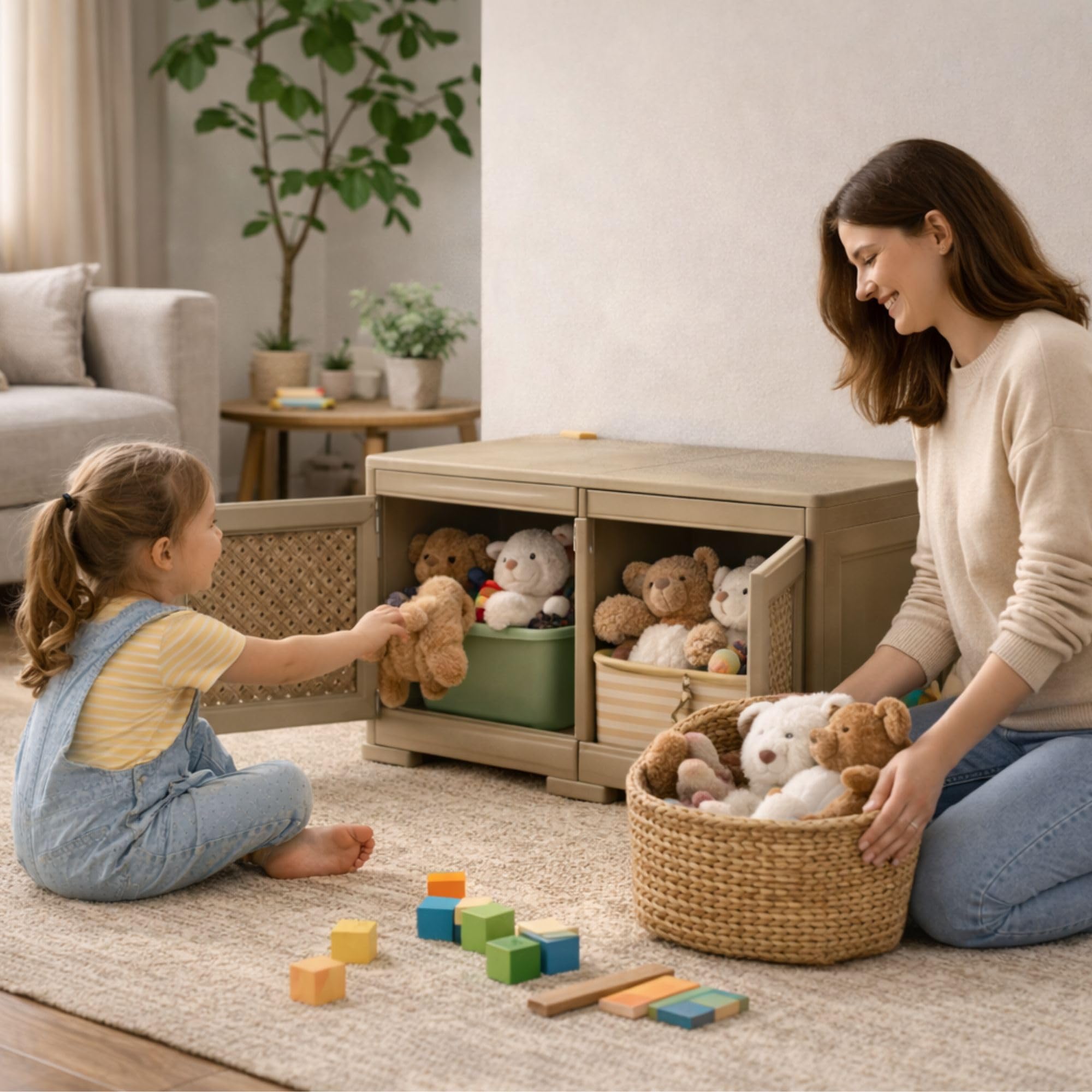 Armadio Contenitore in Plastica con Ante Traforate – Mobile Decorativo per Organizzazione Casa e Zona Living (Taupe, 79 x 43 x 46 cm)