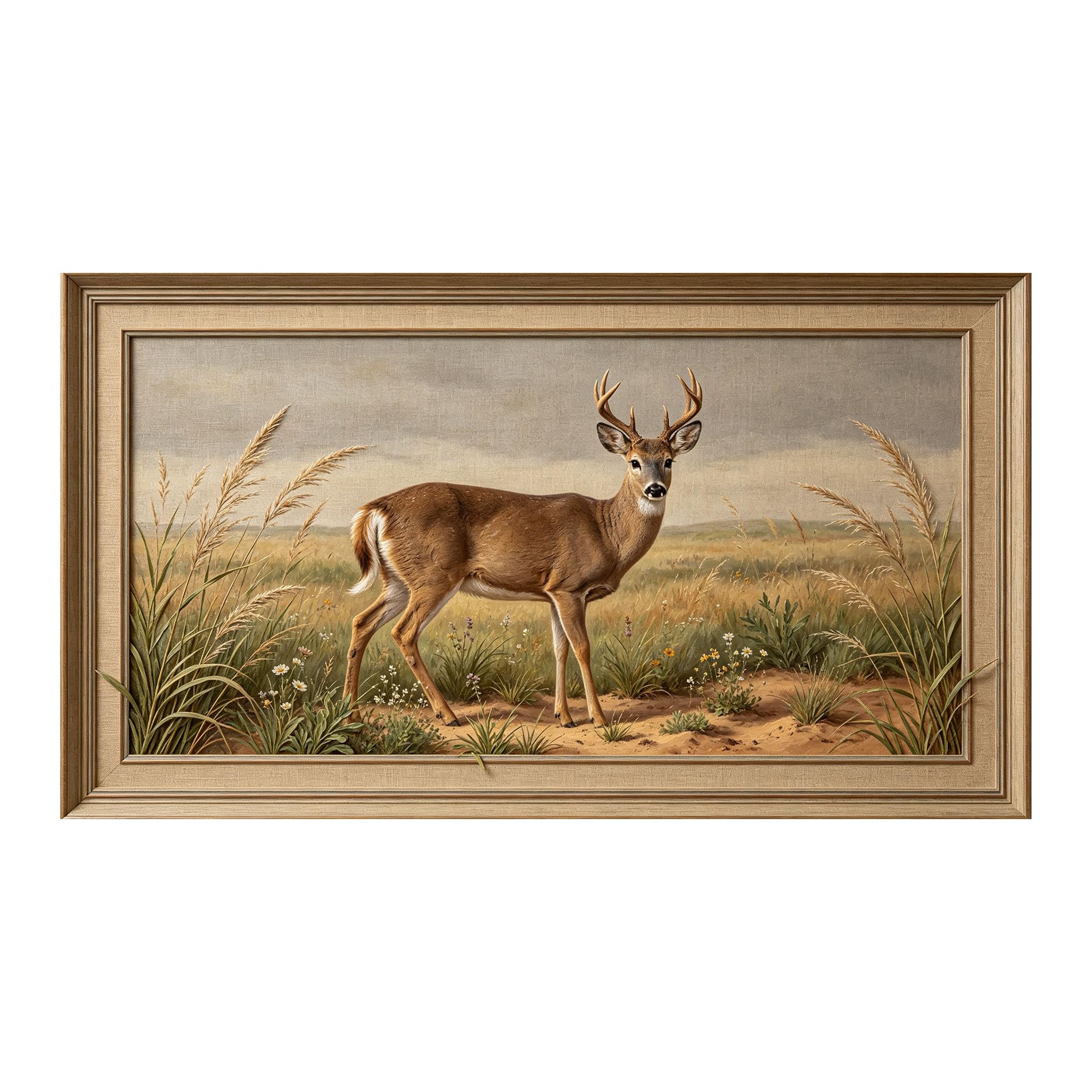 Yzpallescene 3D 3D Framed Wall Art 50cm×90cm Deer Meadow Landscape Oil Painting Large Size SelfAdhesive Removable Wall Decor Prints Artwork for Living Room Bedroom Office