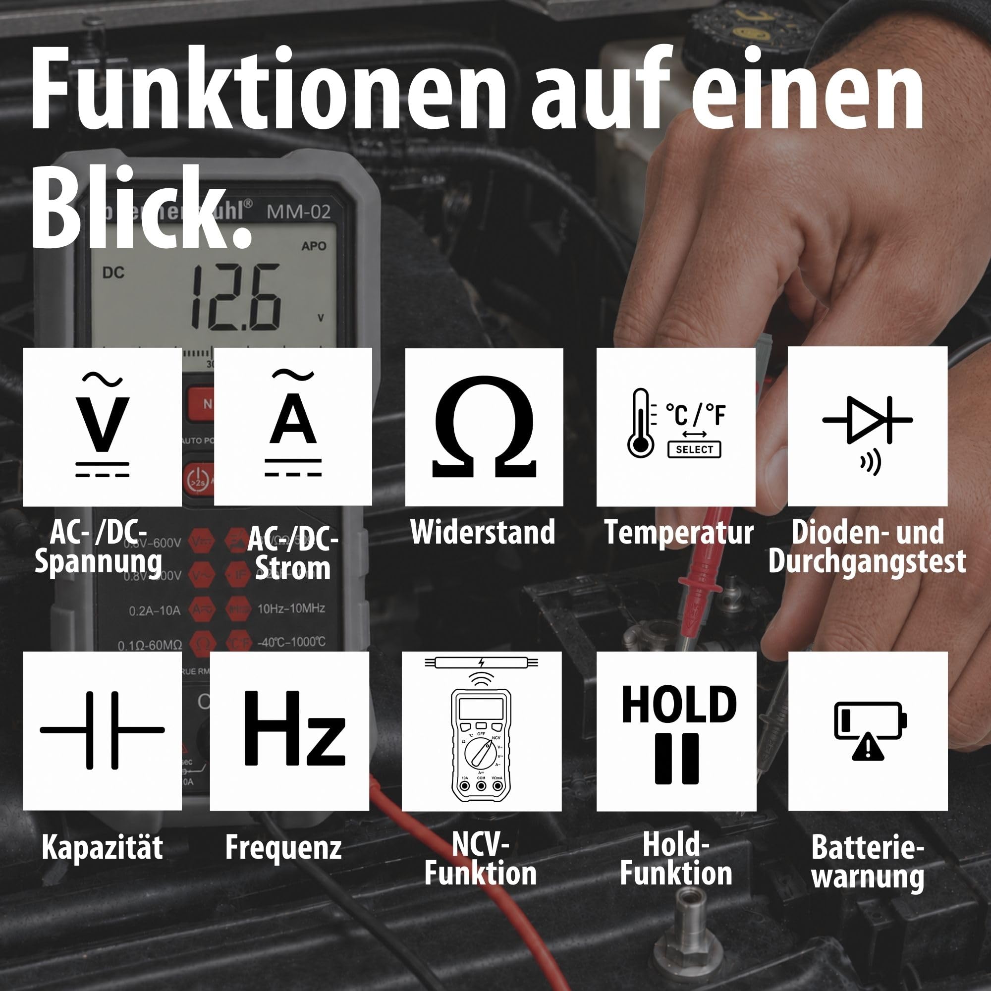 Brennenstuhl Multimeter MM-02 mit automatischer Messbereichsanpassung | AC/DC-Spannung, AC/DC-Strom, Widerstand, Temperatur, Diode, Durchgang, Kapazität, Frequenz und NCV, 6000 Counts, Lampe