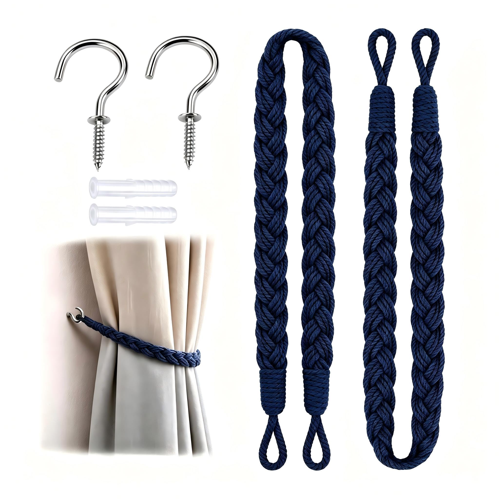 Navy Blue Cotton Curtain Tiebacks, Hand-Woven Curtain Holdbacks with Hooks, Decorative Rope Curtain Ties for Living Room Bedroom, 2-Pack