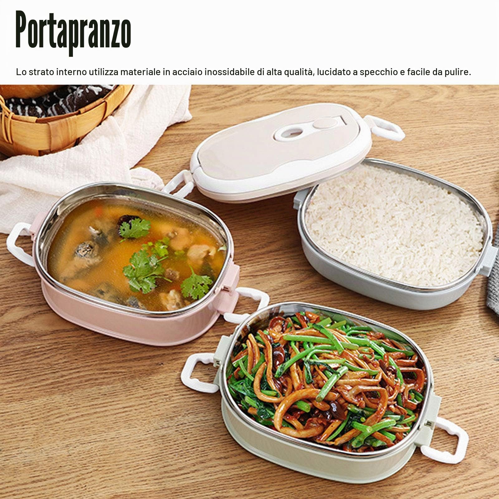 Portapranzo termico acciaio inox 304, 3 strati, design nordico | Contenitore con chiusura di sicurezza,材质 in polipropilene alimentare, manico nascosto portatile, ideale per scuola e uff