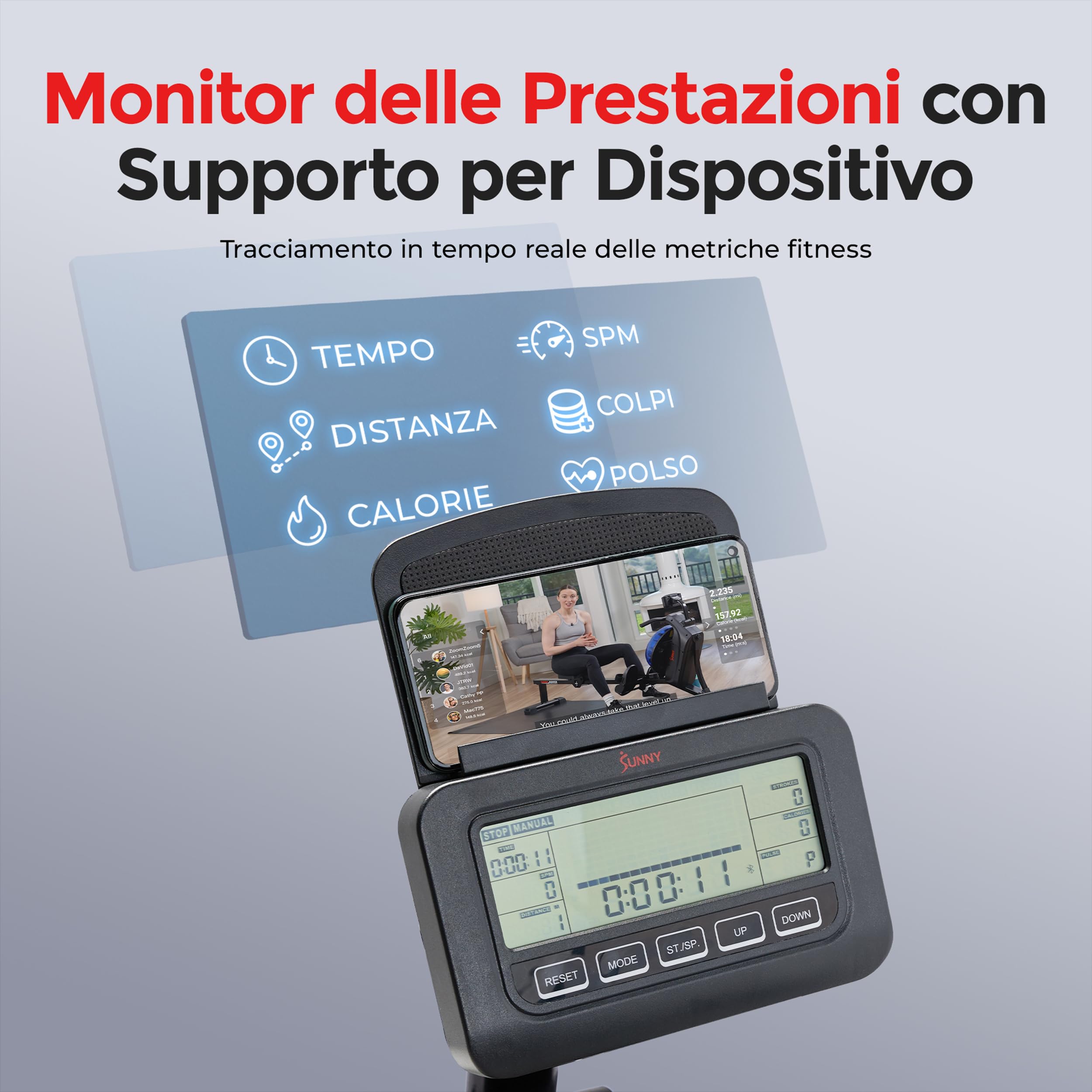 Sunny Health & Fitness Vogatore Smart ad Acqua e Magnetico Total Body | App SunnyFit, Hydro + Resistenza Magnetica a 16 Livelli, Lunghezza del Binario di Scorrimento 124 cm, Portata 120 kg
