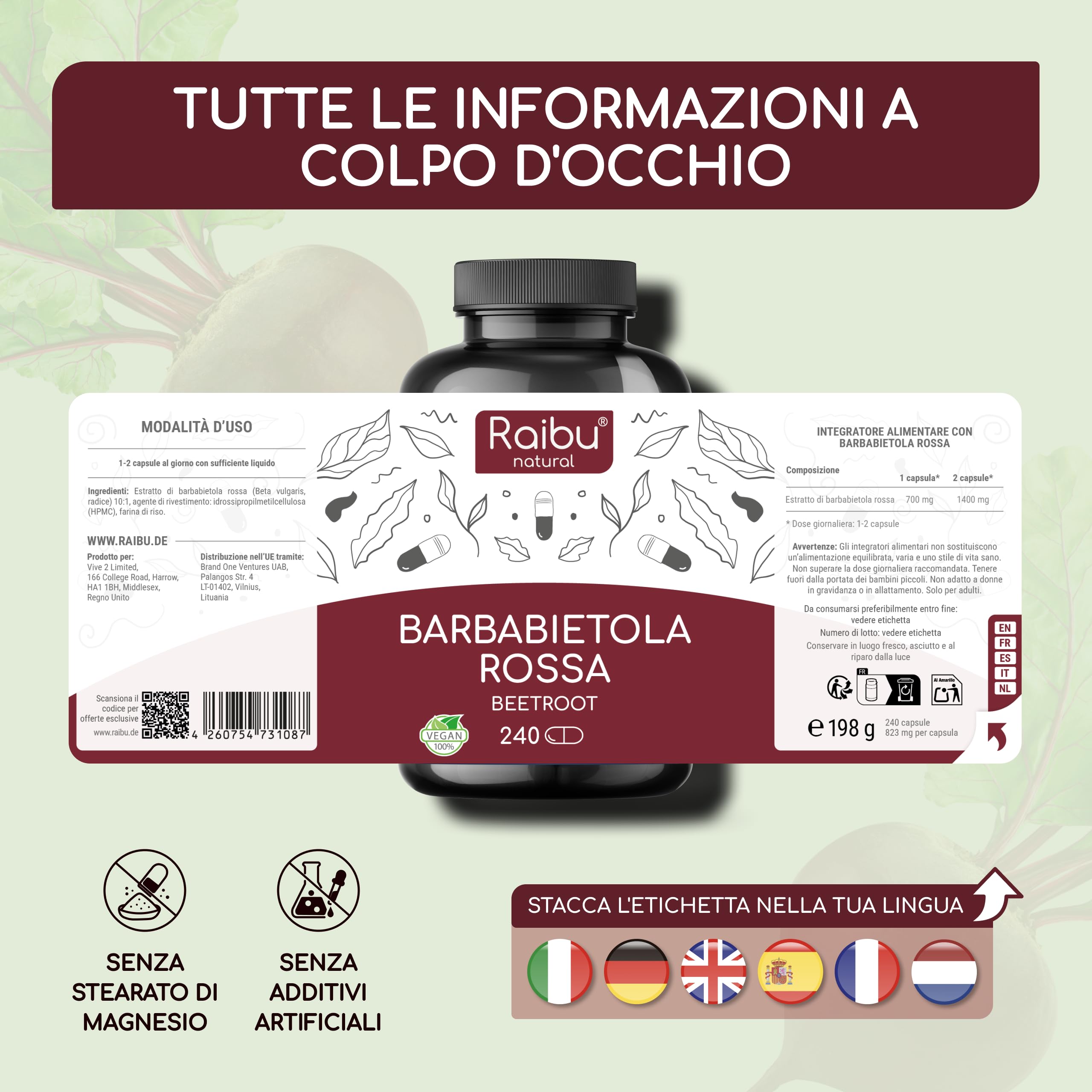 Barbabietola Rossa 14.000 mg al Giorno - 240 Capsule, fino a 8 mesi di fornitura - Barbabietola Rossa Integratore, Estratto 10:1 - Supporto all’Ossido Nitrico - Vegano, Senza Stearato di Magnesio