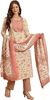 SKYLEE Women's Cotton Printed Straight Kurta with Pant & Dupatta Price In India
