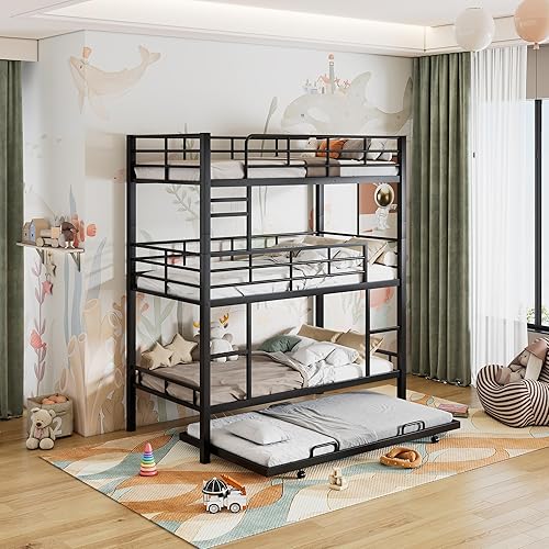 Miniatura 115 de Litera en forma de L individual sobre cama matrimonial adjunta, litera triple de metal con escritorio y tobogán integrados, marco de literas de