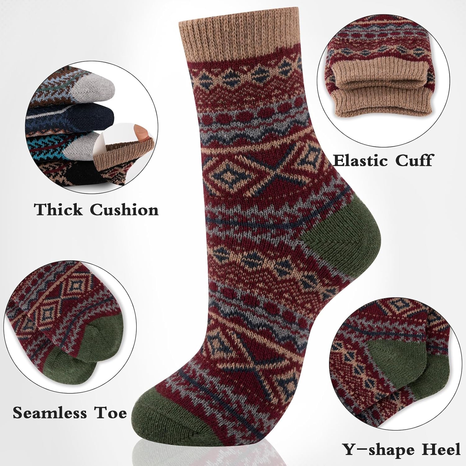 COOVAN Mens Wool Socks Winter Warm Pattern Thick Hiking Thermel Cold Weather Crew Socks 5 Pairs - Image 4