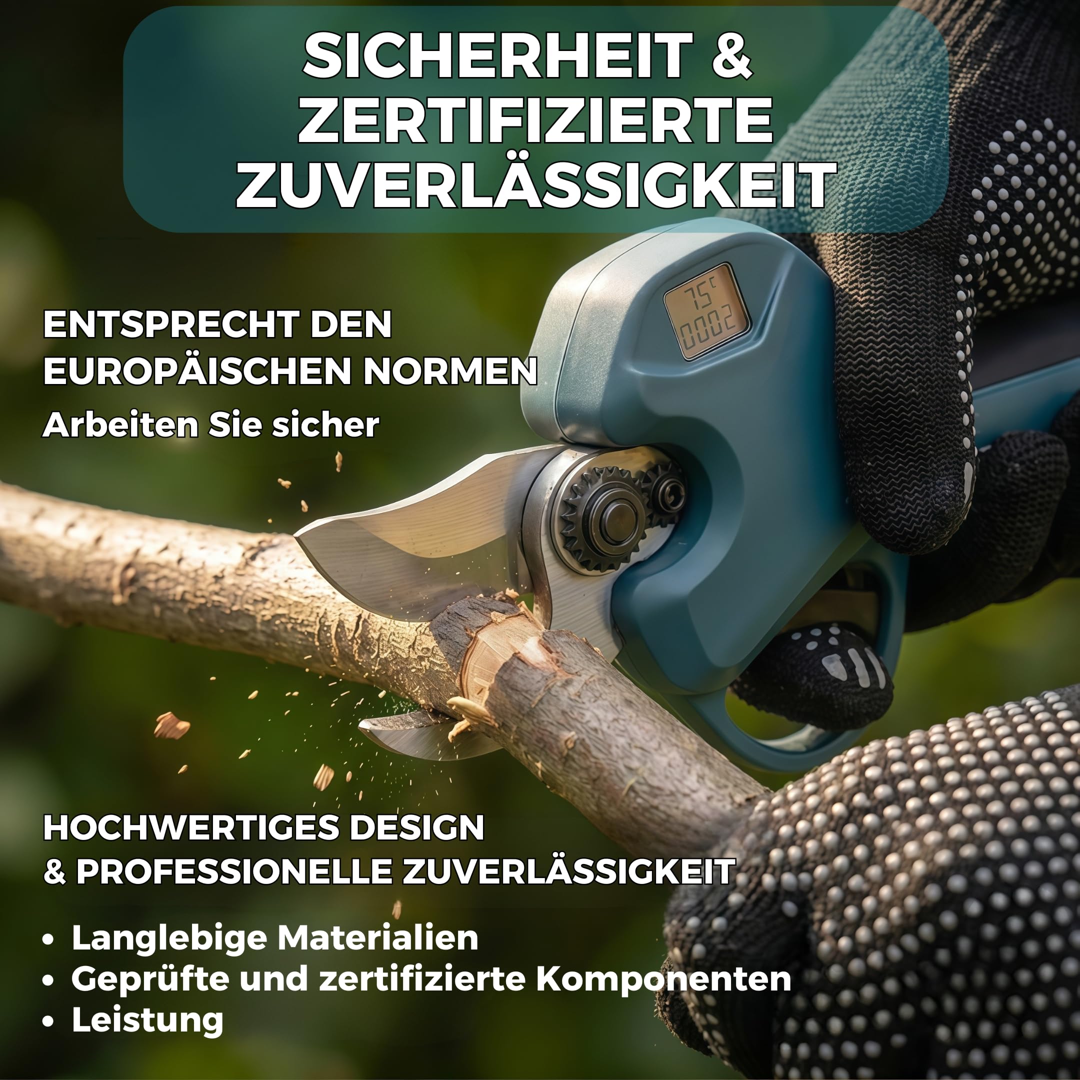 Bladepro Akku-Astschere 40 mm, elektrische Gartenschere kabellos – 800 W bürstenloser Motor, SK5-Stahlklinge – 2x 2,0 Ah Akkus, LED-Display, inkl. Koffer
