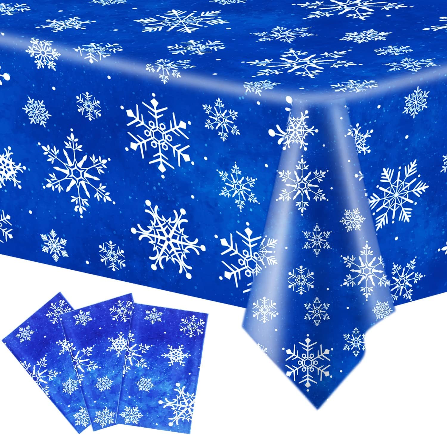 3 Pieces Snowflake Christmas Party Tablecloth Decorations,Plastic White Snowflake Red Blue Xmas Backdrop Sign Table Cover Banner for Winter Christmas Holiday Party Supplies,54x108 inch (Blue)