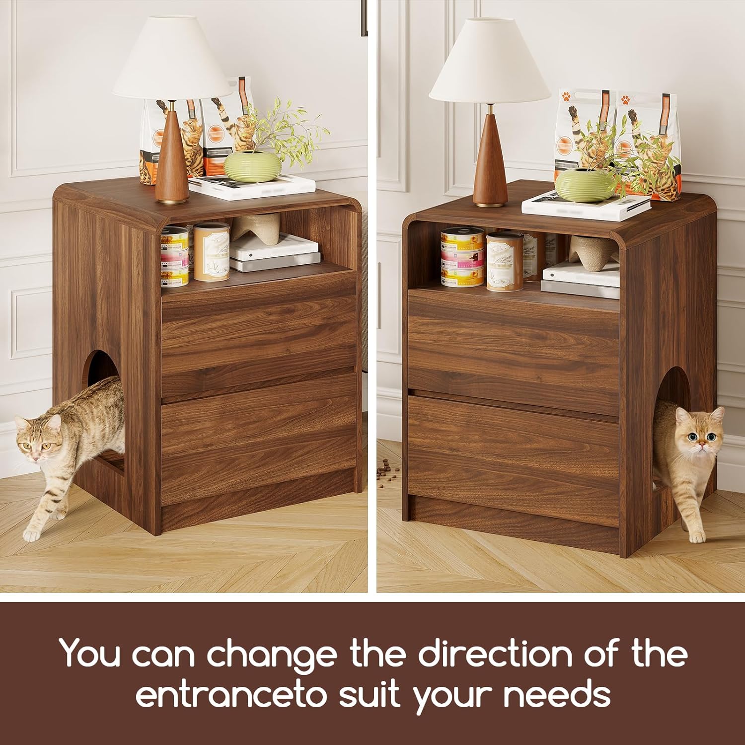 Cat Litter Box Enclosure, Hidden Litter Box Furniture with Open Shelf, Hideaway Litter Box, Cat Litter Cabinet with Side Table Design, Indoor Cat Washroom House, End Table, Brown