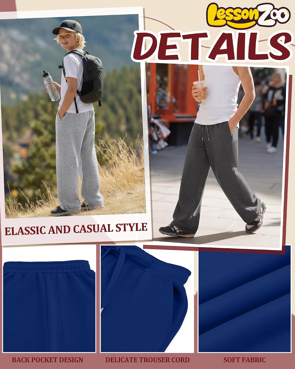 4 Pack Boys Sweatpants Kids Straight Wide Leg Baggy Athletic Pants Drawstring Open Bottom Joggers with Pockets