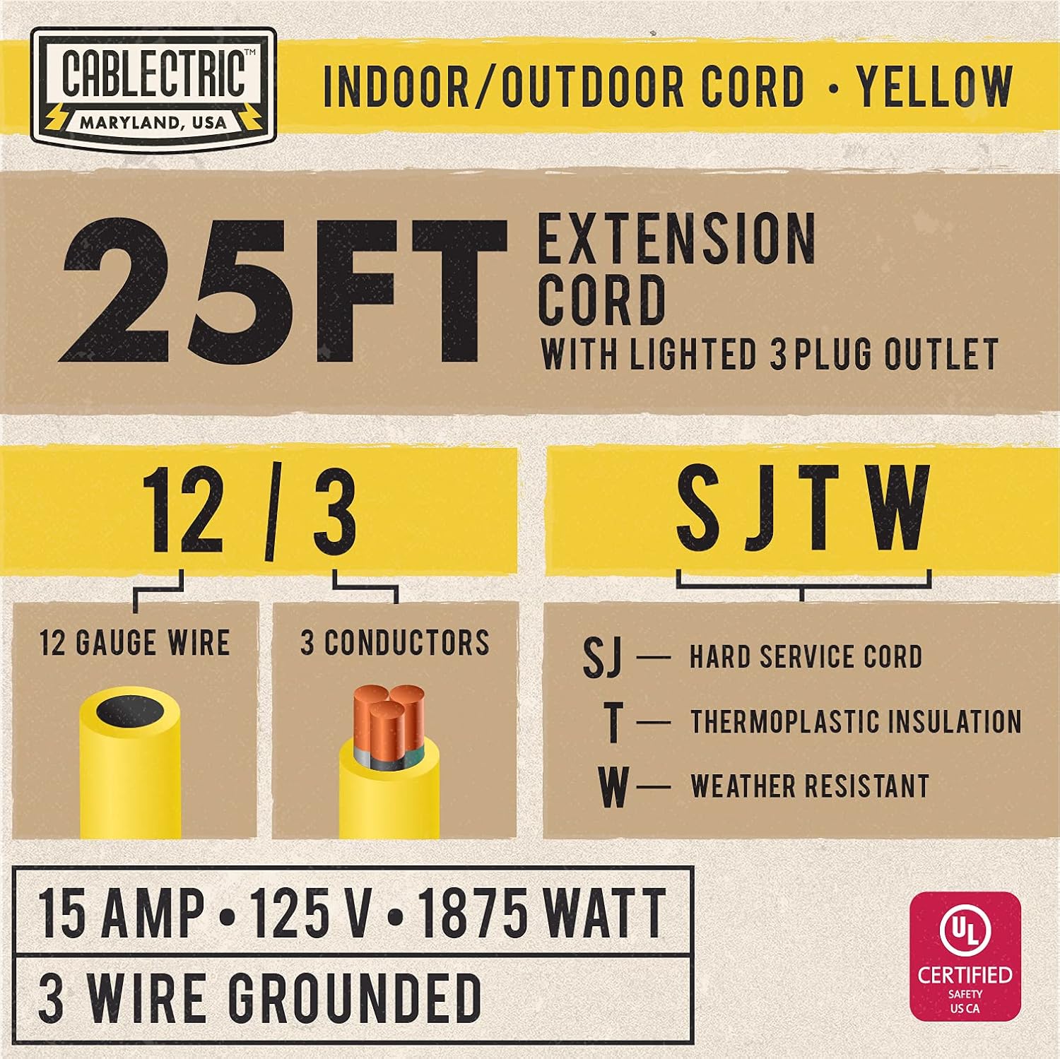 25 Ft Outdoor Extension Cord with 3 Power Outlets - 15 Amp 12/3 SJTW Heavy Duty 12 Gauge Lighted Yellow Electrical Cable with 3 Prong Grounded Plug