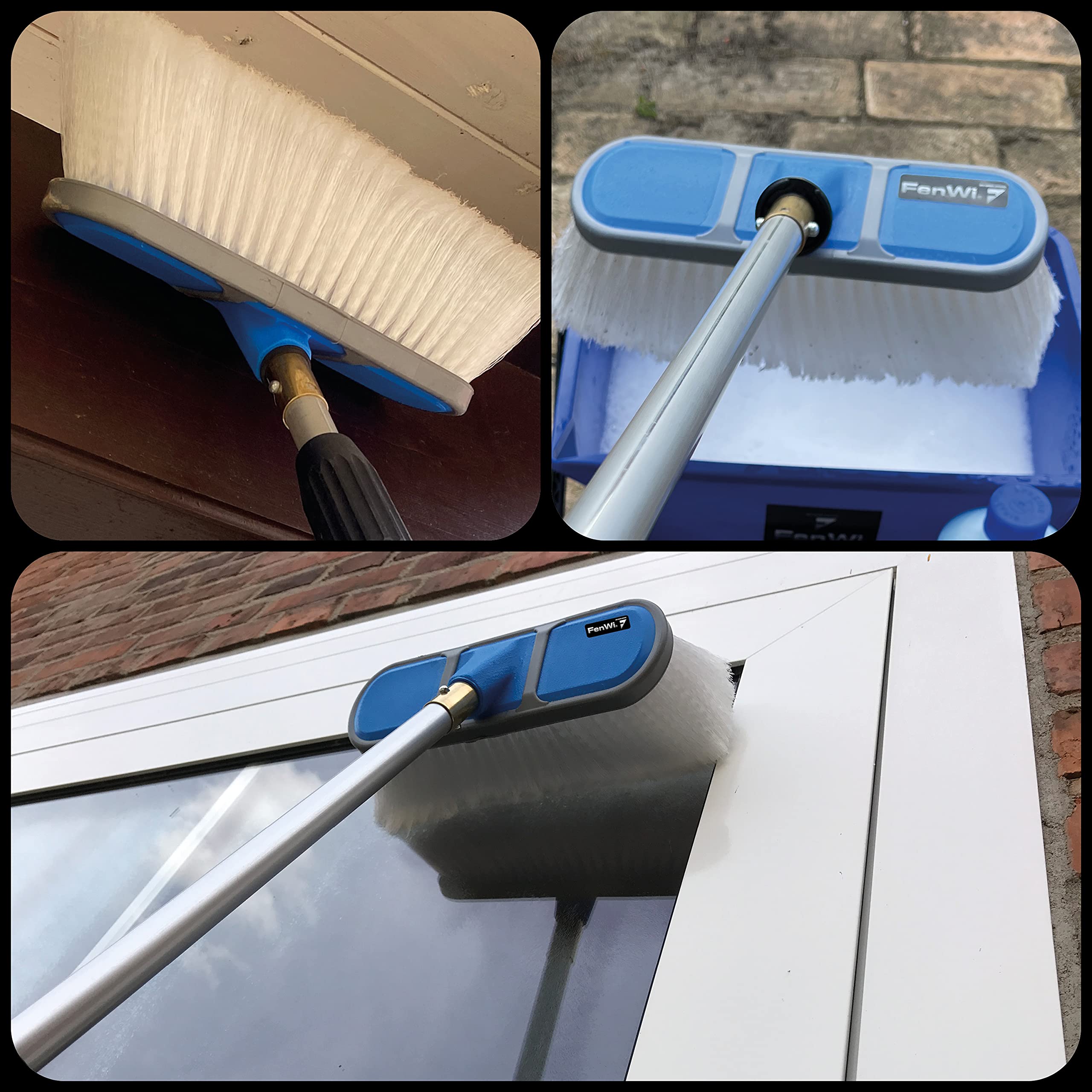 FenWi Waschbürste blau mit weißen Schonborsten/Glasbürste für Glasflächen und Photovoltaik/Solarbürste als Zubehör zur Teleskopstange
