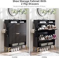 Vista 3 de Armario estrecho de almacenamiento de zapatos con 2 cajones abatibles, organizador de zapatos de madera con estante abierto, estante
