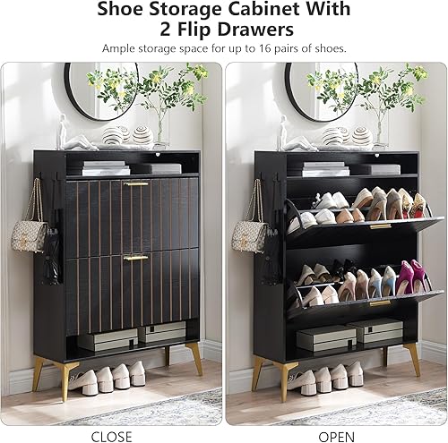 Miniatura 3 de Armario estrecho de almacenamiento de zapatos con 2 cajones abatibles, organizador de zapatos de madera con estante abierto, estante de