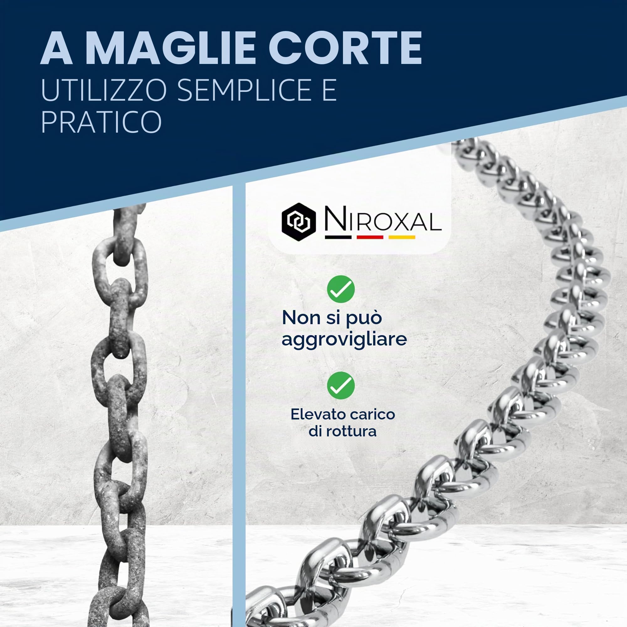 Catena acciaio inox A4 V4A AISI 316 Ø8 mm maglia corta 3 m – DIN 5685 / DIN 766 – carico di rottura indicativo 3.200 kg – confezione 1 pz