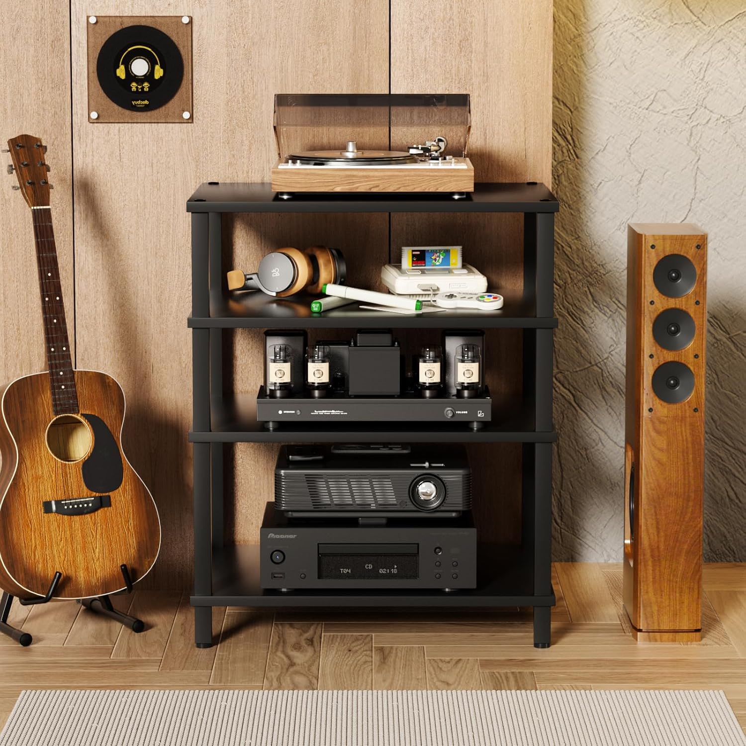 LELELINKY 4-Tier AV Media Player Stand, Black Stereo Cabinet, Modern Stereo Cabinet, Wooden TV Stand,Game Console Shelf, Multifunctional Entertainment Center, Suitable for Home, Conference Room