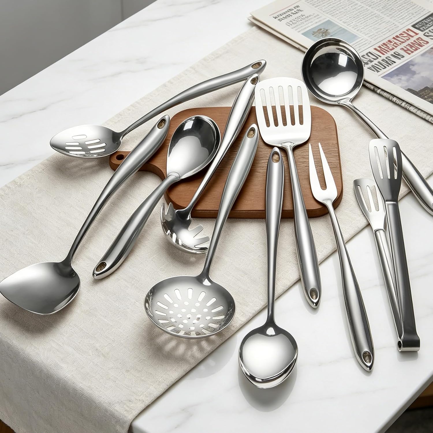 304 Stainless Steel Cooking Utensils Set for Kitchen Utensils Set with Holder, 12 PCS Large Metal Cooking Utensil Tools Set with Holder,Fork,Spatulas,Spoons,Skimmer,Ladle,Tong