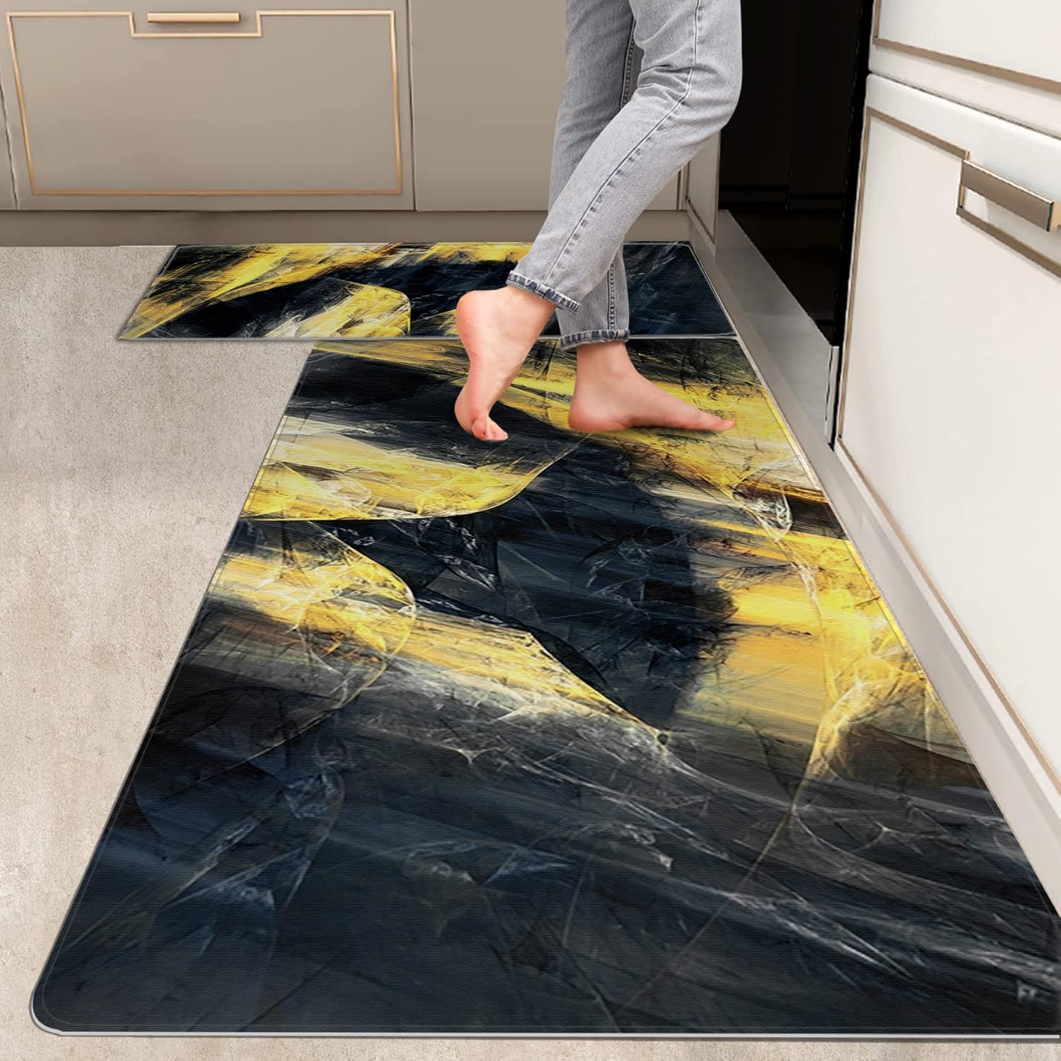2 Pieces Kitchen Rugs, Abstract Anti Fatigue Non Slip Foam Cushioned Yellow Black Modern Painting Comfort Indoor Floor Mat Runner Rug Set for Laundry Office Sink Bathroom (17"X48"+17"X24")