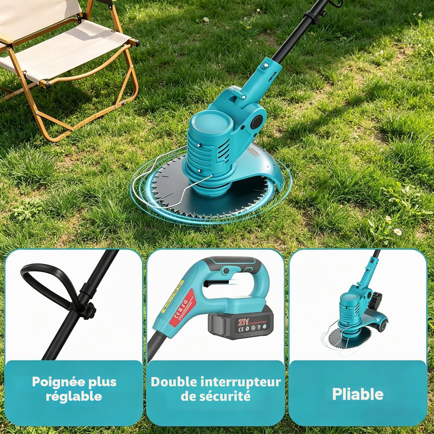 Coupe-Bordure sans Fil, Débroussailleuse 700W avec 2X 4.0Ah Batteries, Largeur de Coupe 15cm Pliable, 3-en-1 Taille-Bordures & Faucheuse, 1.7kg Léger pour Jardin