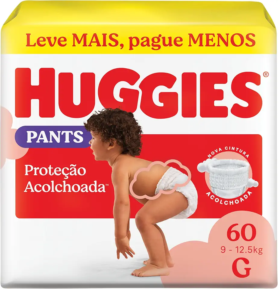 Fralda Pants Huggies Proteção Acolchoada Tamanho G 60 unidades – Nova fralda Supreme Care estilo roupinha, que veste como shortinho e com cintura acolchoada super macia que previne marquinhas, fácil de colocar e tirar (embalagem pode variar)