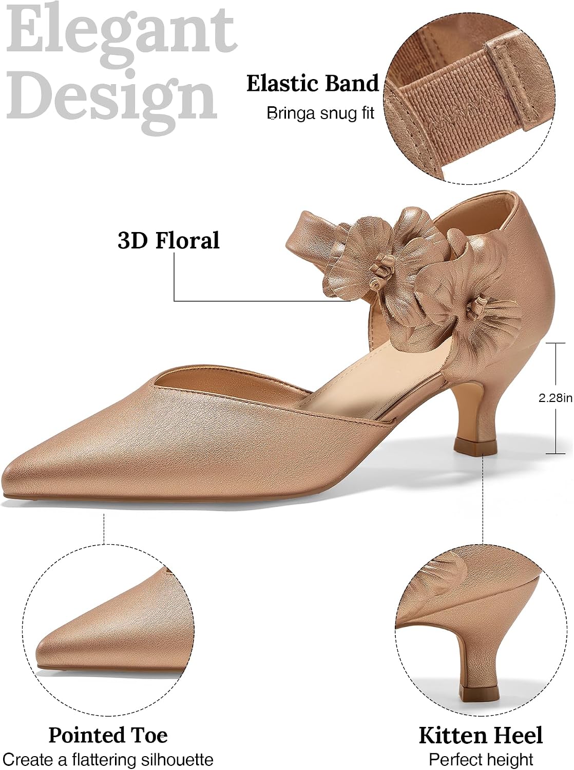 Womens Low Kitten Heels Pointed Toe Slip on Pumps Flower Ankle Strap Elegant Party Wedding Dress Shoes