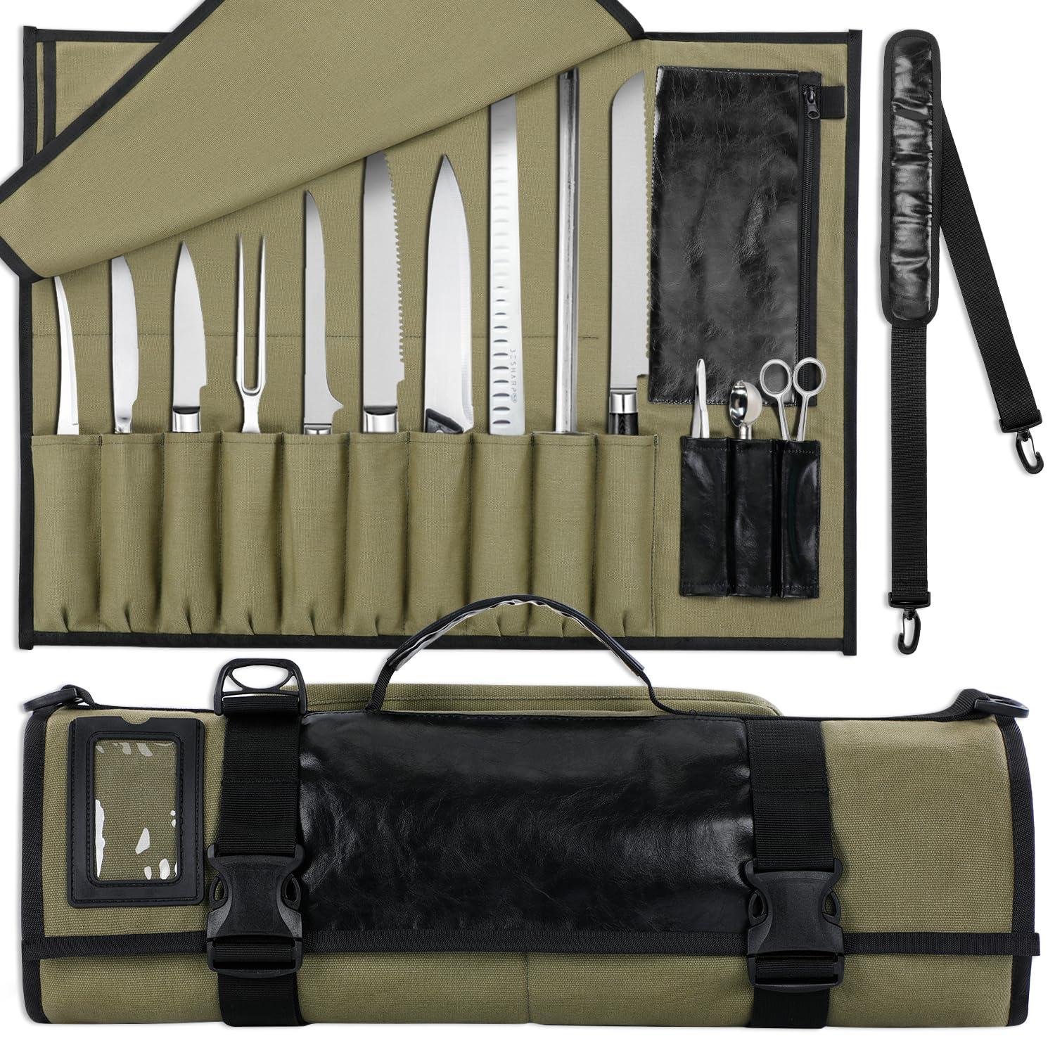 WISEPRO Chefs Knife Roll Bag, Heavy Duty Canvas & Leather Knife Case, Waterproof Knife Case with 10 Slots & 1 Detachable Storage Bag, for Home Kitchen Camping Hiking (Army Green)