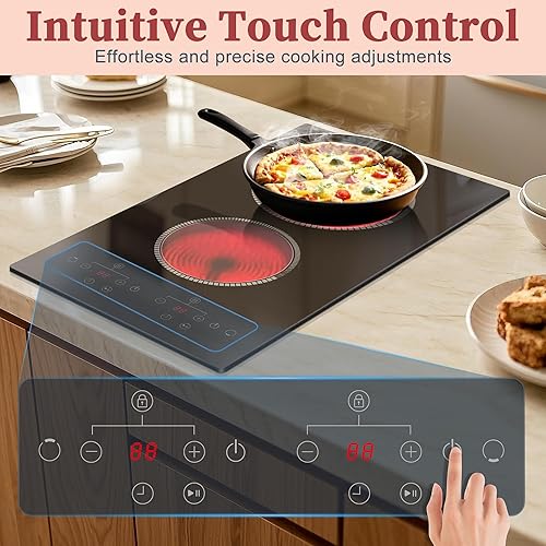 Miniatura 3 de Placa eléctrica de 2 quemadores, estufa eléctrica de 120 V, control táctil superior de 12 pulgadas, encimera de doble quemador de 2000 W con