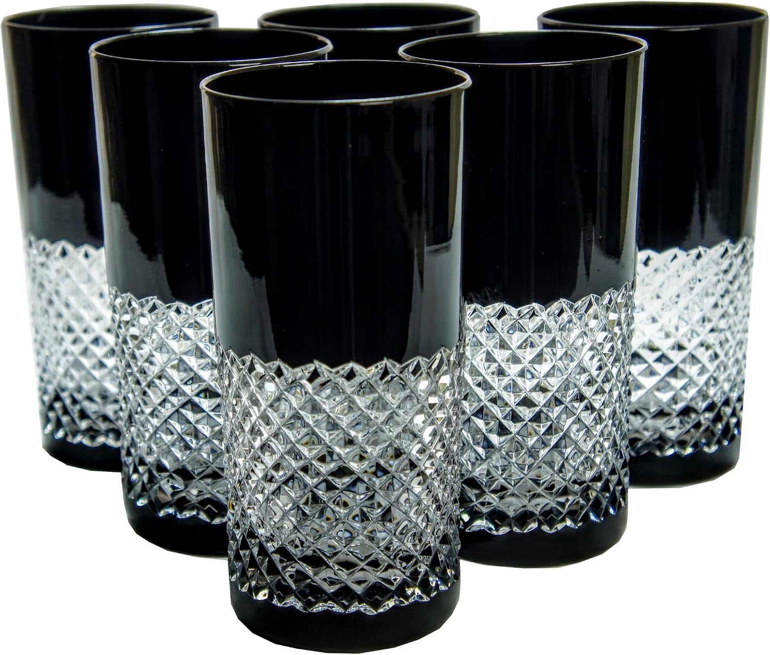 MaRika Crystal Water Glasses and Drinking Glasses 320ml - Black, Hand Decorated Elegant Glass - Set of 6 in Gift Box, Perfect for Everyday Use and Gift