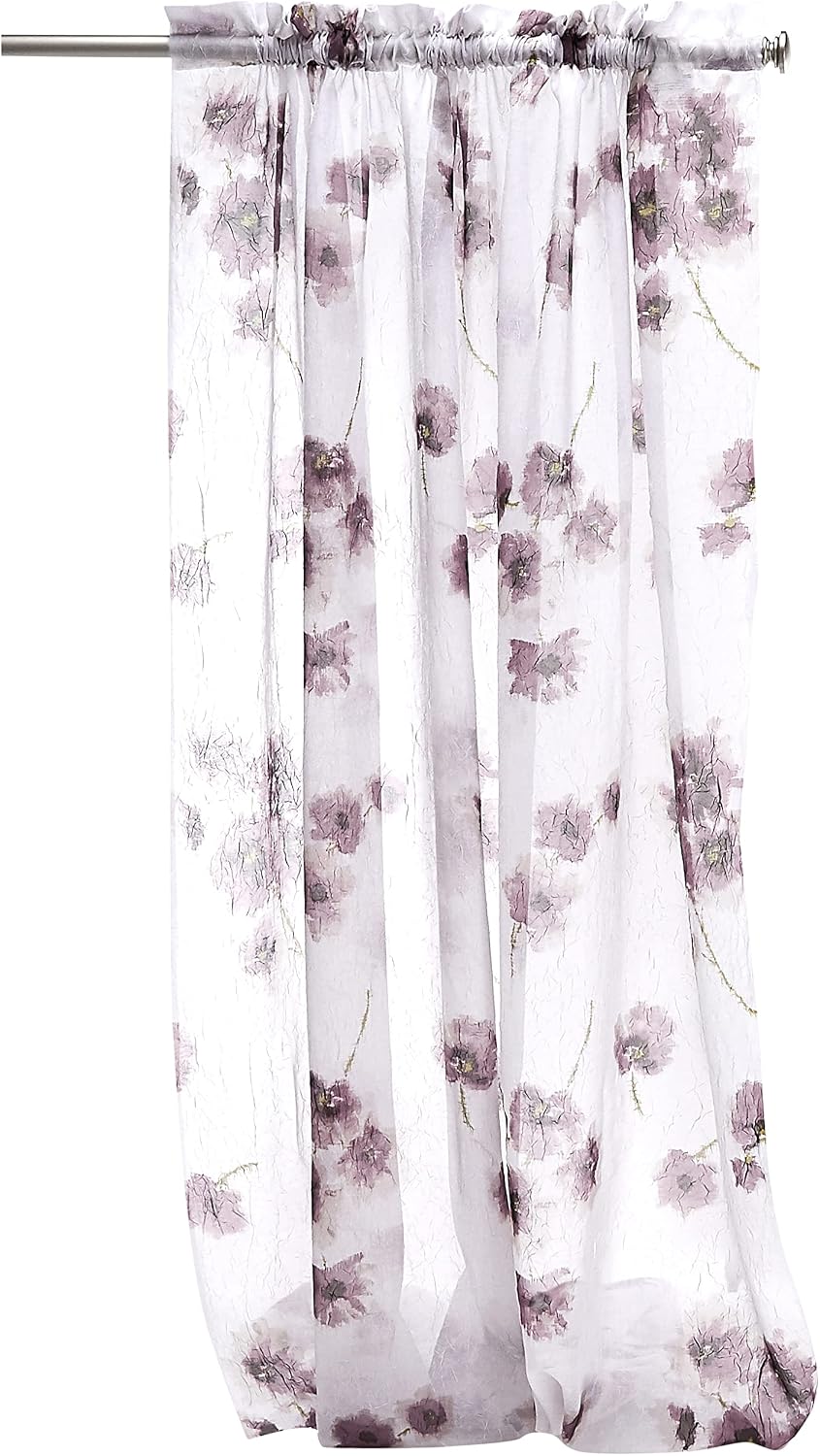 No. 918 Kiki Floral Print Crushed Sheer Voile Rod Pocket Curtain Panel, 51" x 84", Lavender