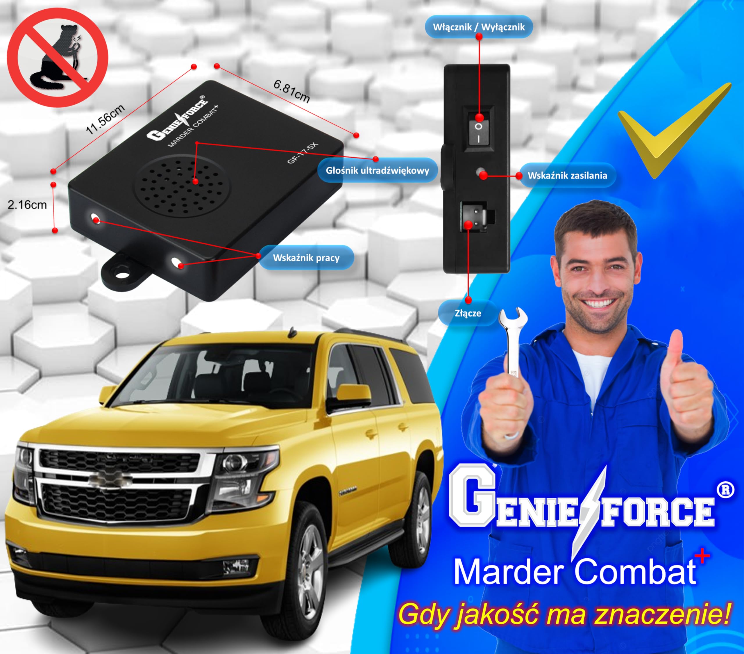 Genieforce® odstraszacz kun, urządzenie ultradźwiękowe do samochodów, łatwy montaż, wodoszczelny, przyłącze akumulatora samochodowego, GF-T7-5X