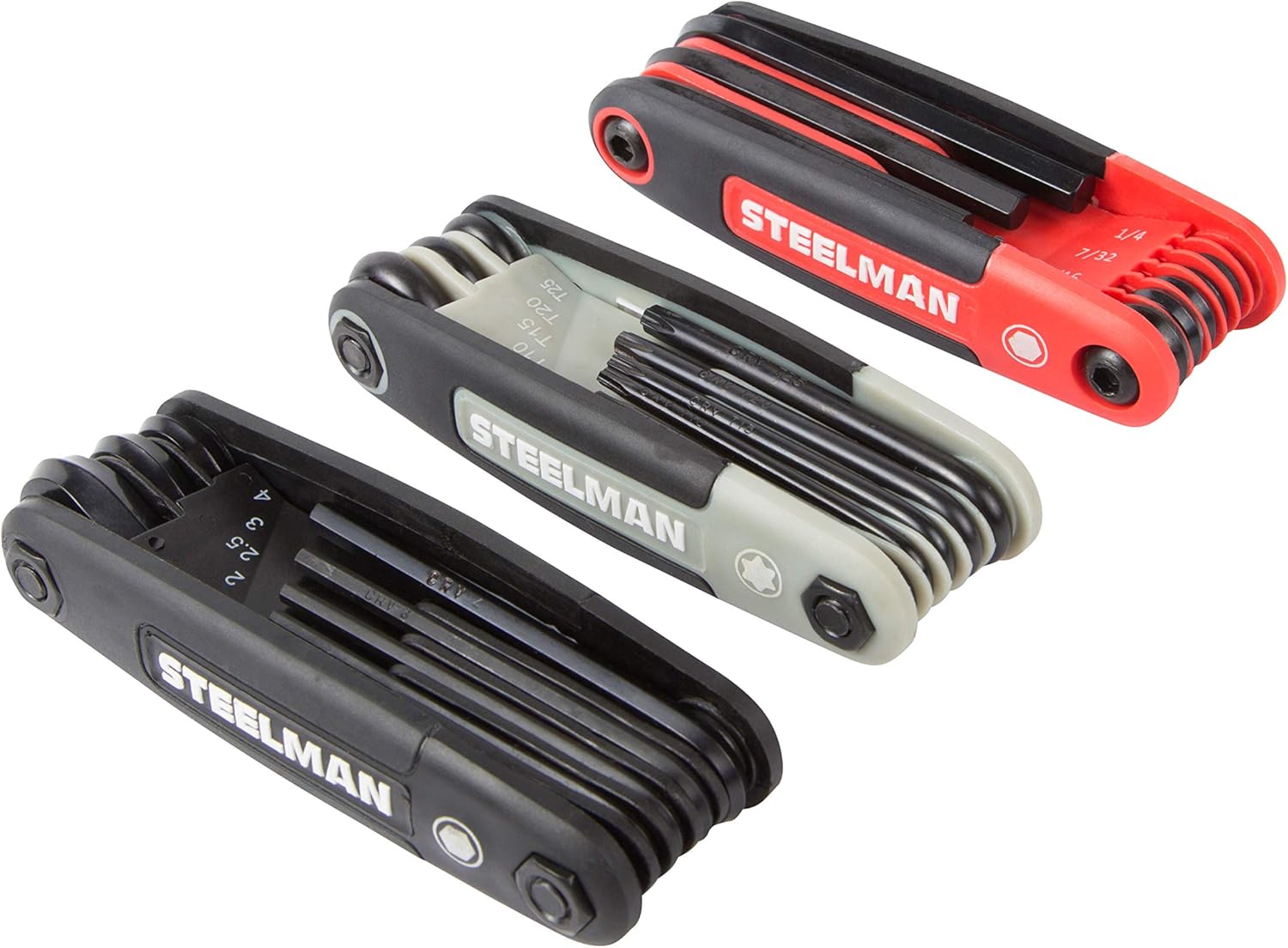 Steelman 3-Piece Set Folding Hex Key Wrench Tools, SAE, Metric, and Torx Allen Wrench Sets, Chamfered Ends, Rubberized Grip