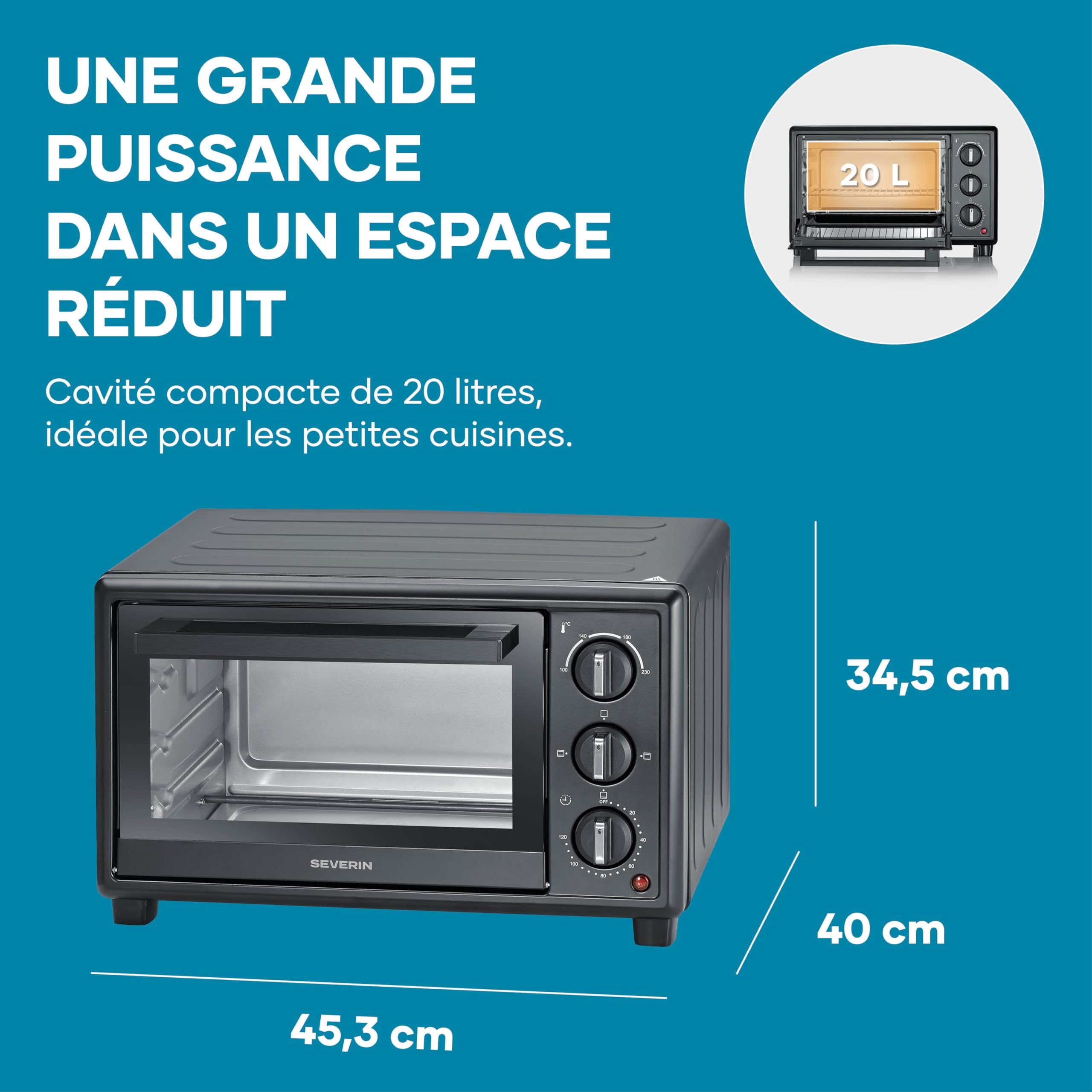 SEVERIN Four posable 20 L, avec grille et plaque de cuisson incluses,1 600 W, thermostat jusqu'à 230 °C, design simple et élégant, Mini-four électrique avec minuteur 120 min, Noir, TO 2078