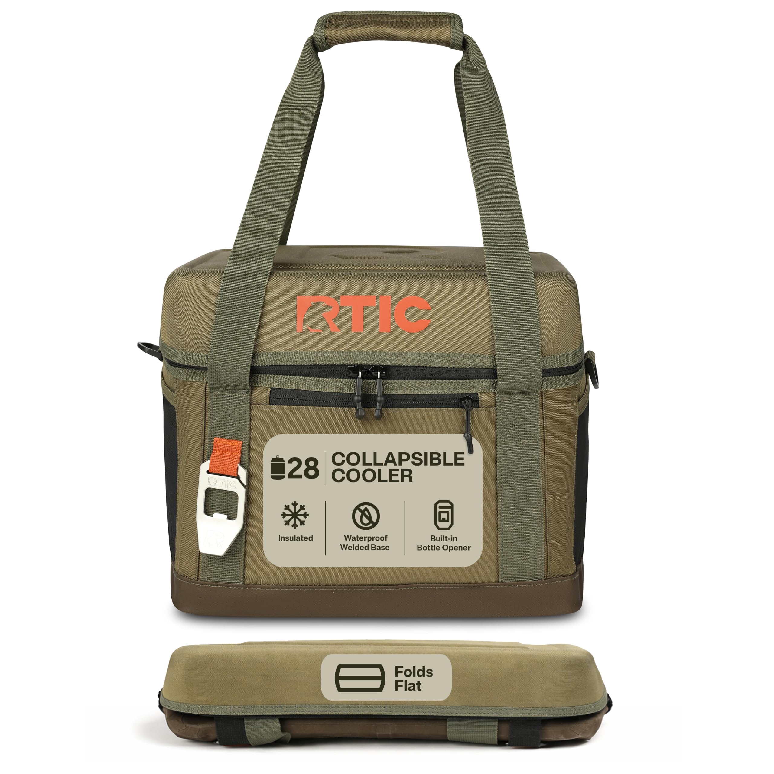 RTIC Enfriador diario de 28 latas, plegable, color verde oliva | Bolsa aislante para hielo, almuerzo, playa, bebidas, viajes, camping, picnic, coche y senderismo