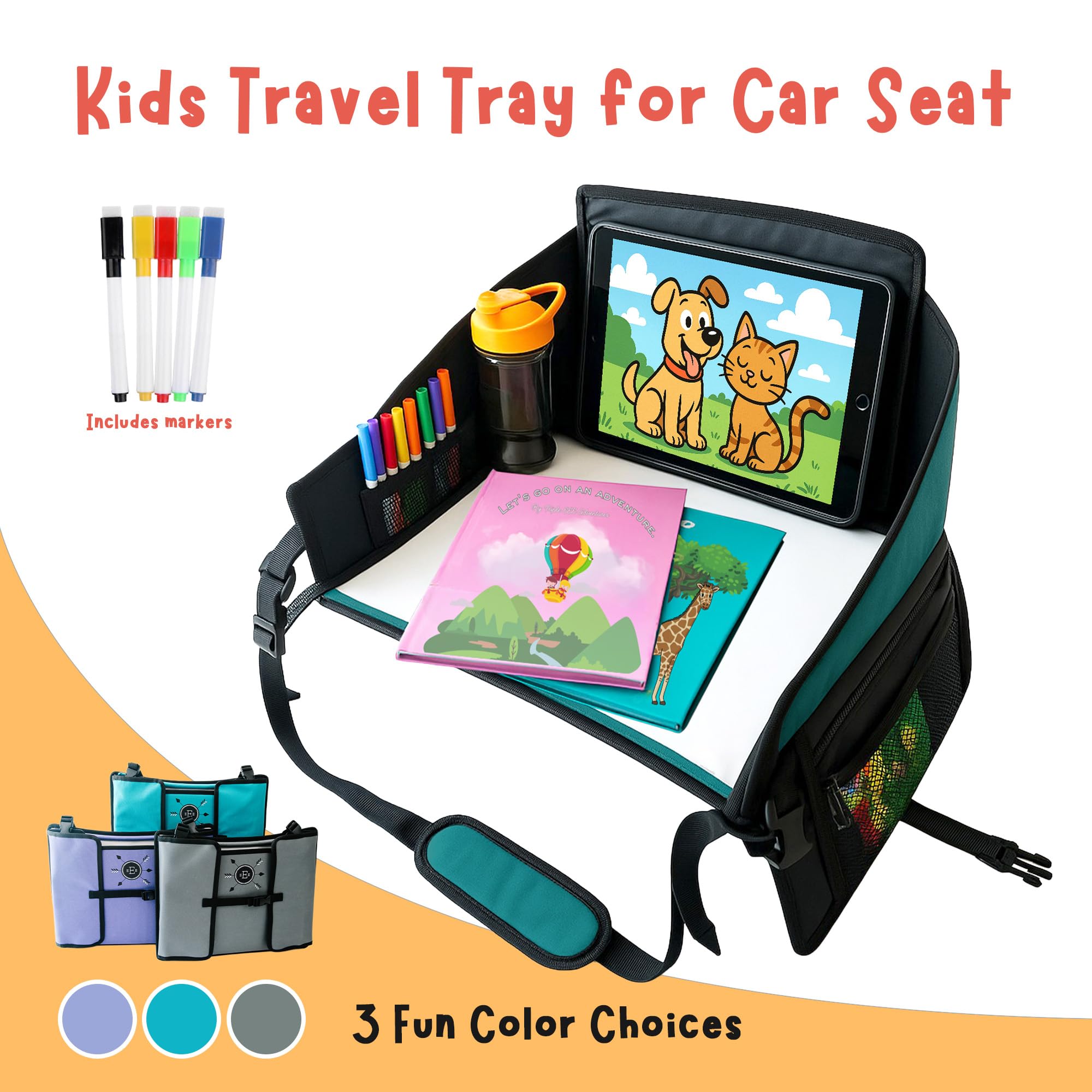 Plateau de voyage pour enfants pour siège de voiture - Violet - Le bureau de voyage essentiel avec support de tablette amovible, rangement intégré et panneaux stabilisés, plateau de voiture