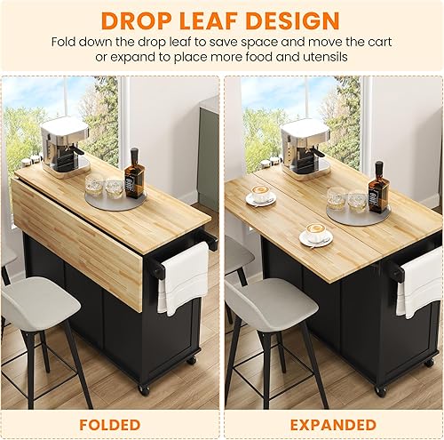 Miniatura 4 de Yaheetech Carrito de isla de cocina con hoja caída, barra de desayuno de cocina con 5 ruedas universales con gabinete de almacenamiento, parte Negro