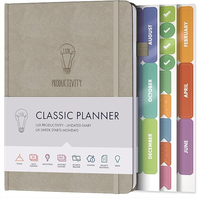 Daily Planner & appointment diary - Gratitude journal, wellness journal & 2023 Undated weekly planners and organisers - Desk journals for women & men - LUX Productivity Classic (STONE)